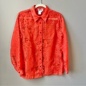 Vintage Semi Sheer Abstract Floral Blouse Women's Size S Small Orange Beachy Top